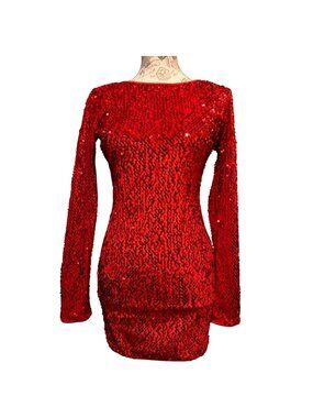 Privy Red Sequin Long Sleeve Mini Dress With Deep V-Back Size Small